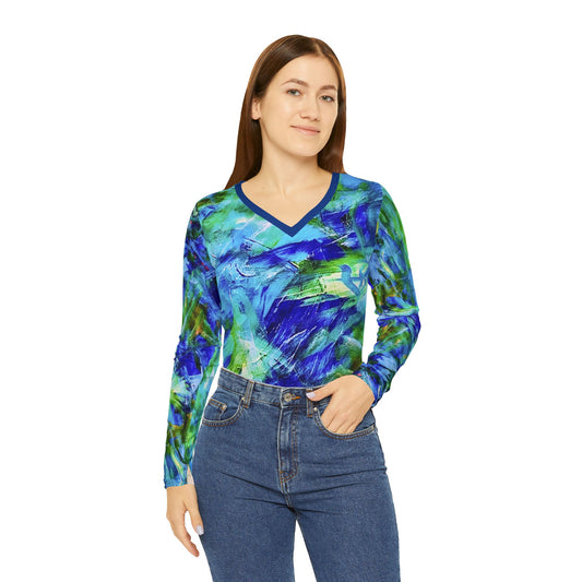 Classic V-neck Shirt by Streich Mohan Design - Women's Long Sleeve V-neck Shirt (AOP)